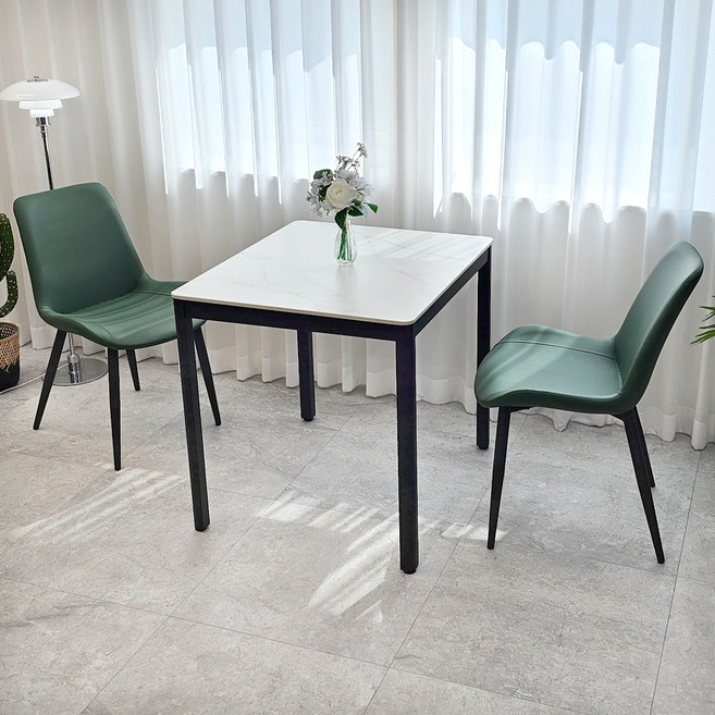비에프컴퍼니 비앙카 블랙 세라믹 식탁 2인용 + 벨리스 체어 세트 방문설치, 무광 화이트마블 상판, 블랙 프레임(식탁), 딥그린(의자), 일반의자 2