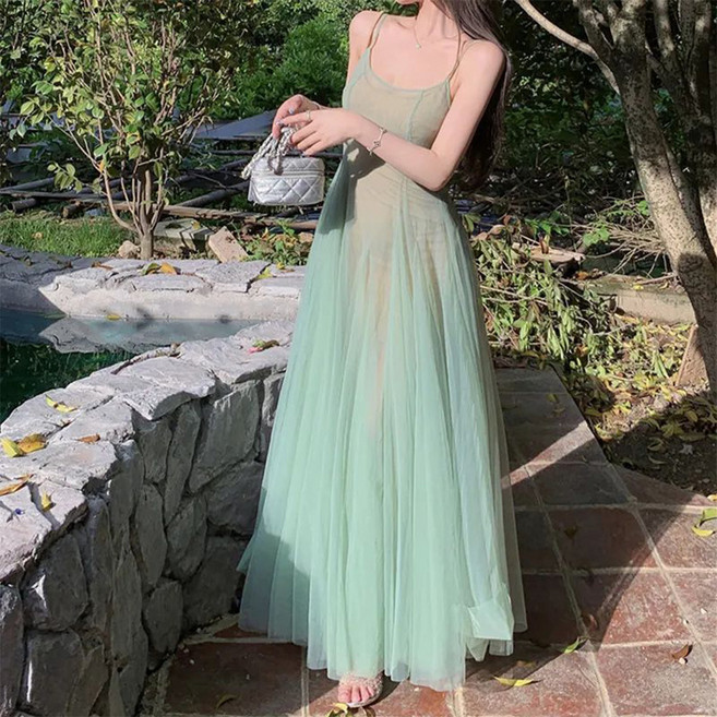 Moirbella 雪紡透視馬甲背心長版連身裙 O263-0119, 綠色