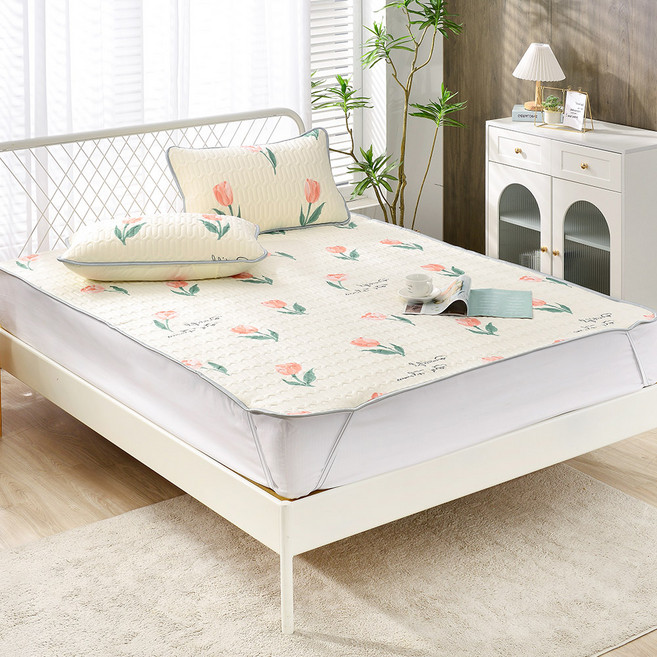 FOCA 天然乳膠冰絲涼蓆 + 枕套 2個, 浪漫鬱金香 米白色, 1cm