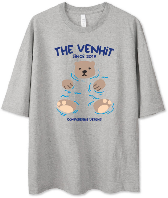VENHIT 男女通用 Swimming Bear 大尺碼 寬鬆版型 短袖T恤, 麻灰色