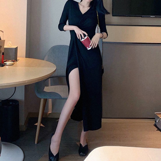 MarketA Bella 開衩裹身長版連身裙, 黑色