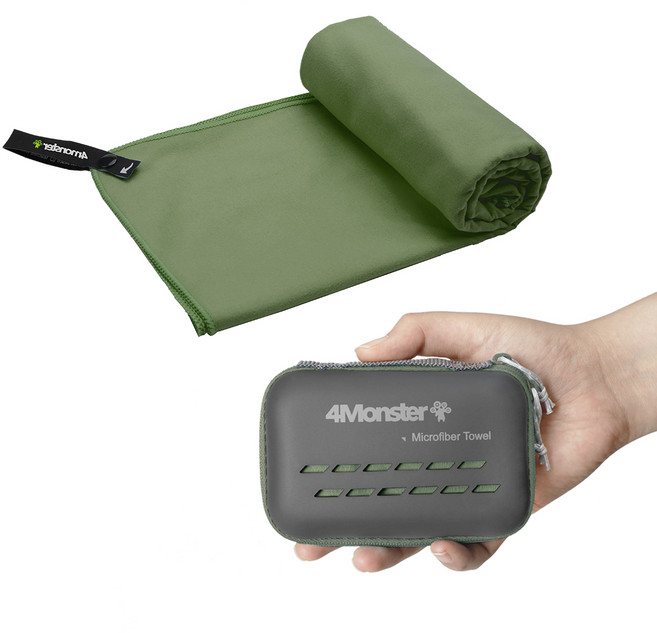 4몬스터 마이크로화이바 등산 수영 여행 스포츠 습식 건식 극세사 다용도 타월 50 x 100 cm M + EVA케이스, 모스그린, 1개