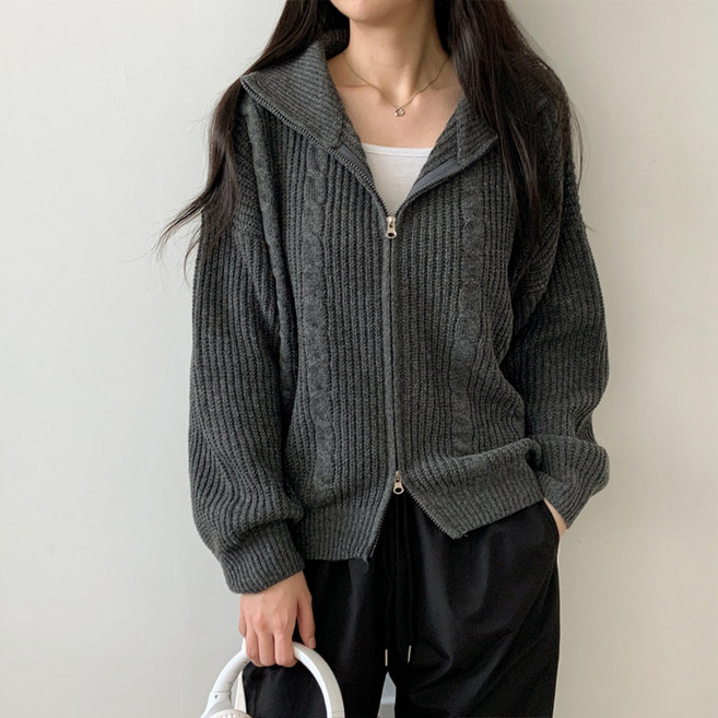 럽스 여성용 리벤 투웨이 집업 카라넥 꽈배기 가디건