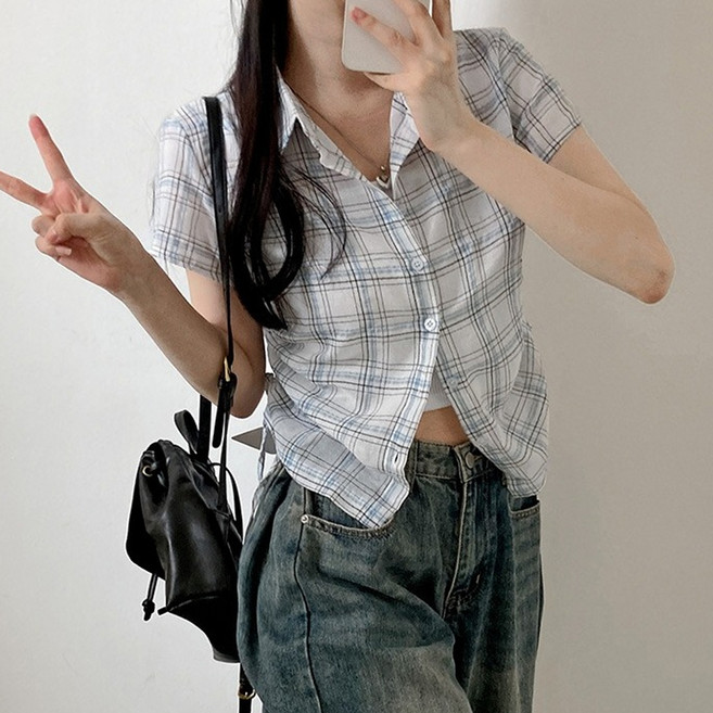 Dotif 女款側邊抓皺格紋短袖襯衫 D263-0259