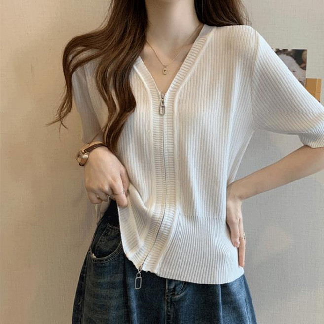 선빛 여성용 루모라 골지 브이넥 반팔 무지 니트 집업