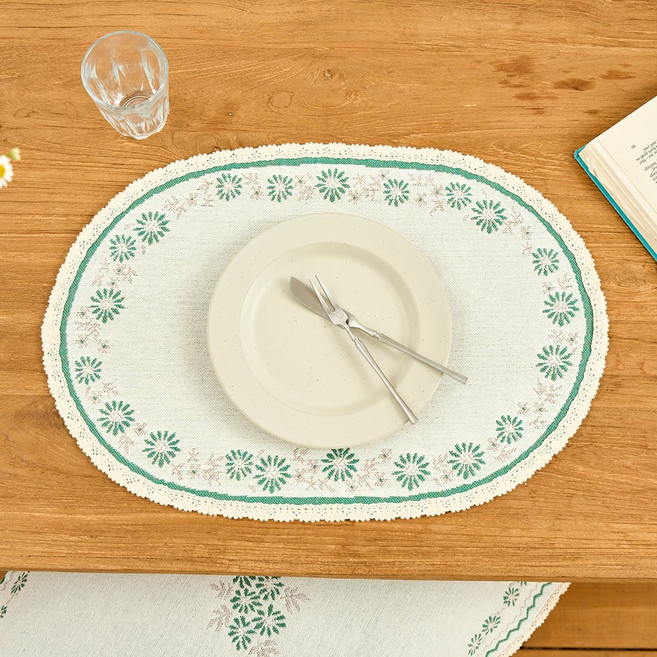 모던하우스 L 자카드 타원 테이블매트, 1개, 32 x 45 cm, 그린플라워