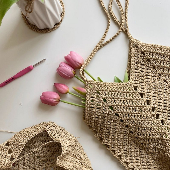 뜨개사계절 그레니 스퀘어가방 만들기 뜨개질 DIY 패키지, 1세트, 라탄