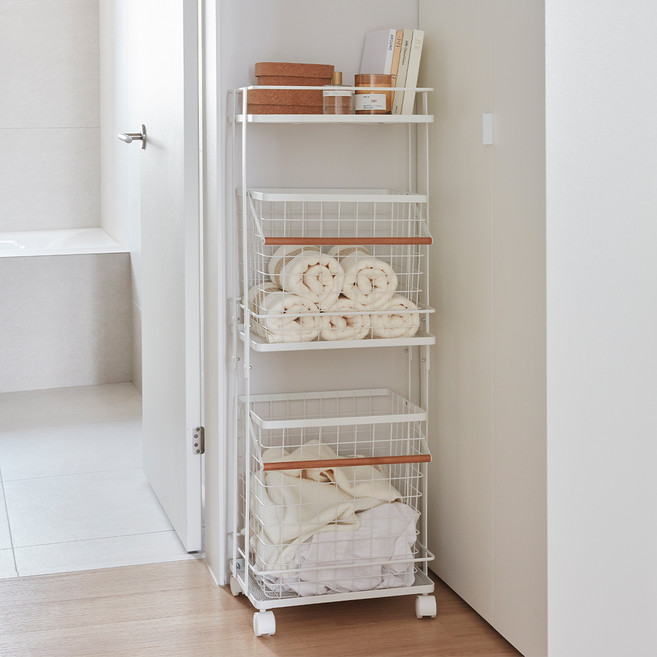 한샘 컴포트 와이어 조립식 햄퍼 3단 380 x 260 x 1190 mm, 화이트 + 우드, 1개