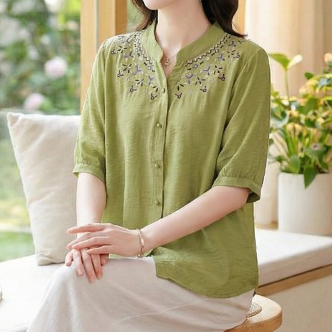 인피어스 빅사이즈 중년 오픈카라 자수 블라우스 I263-0354