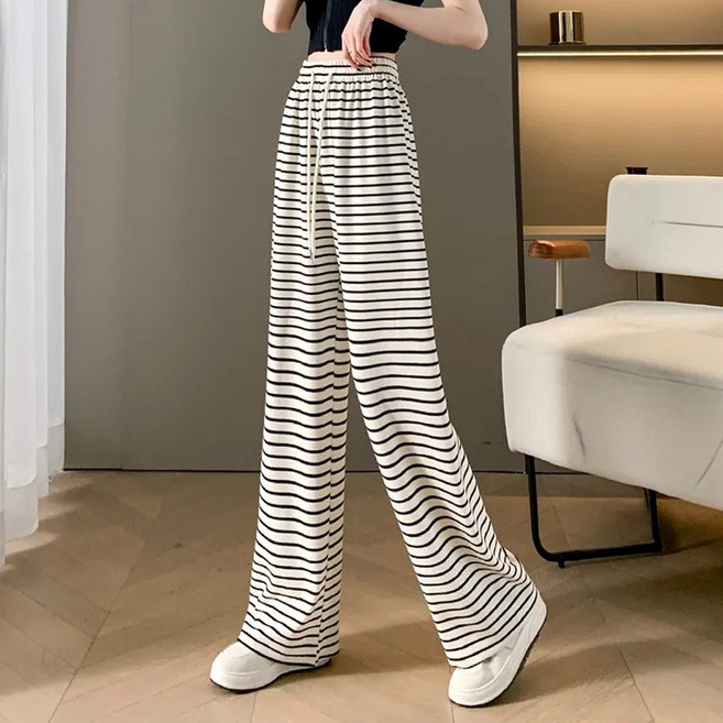 더시럽 여성용 스트라이프 편안한 밴딩 일자 팬츠