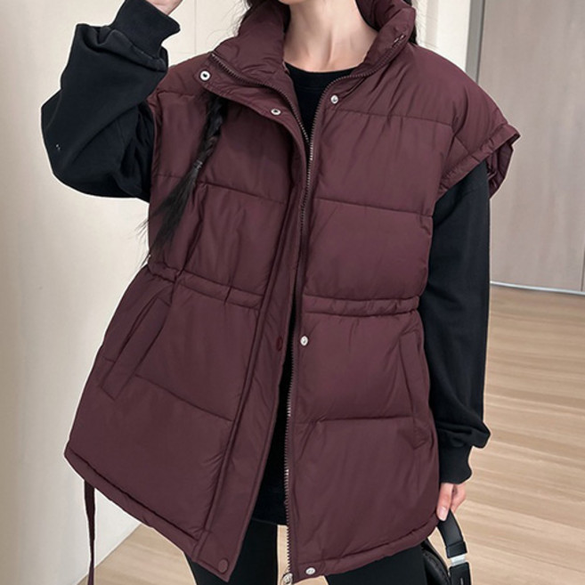 女款時尚潮流冬季法式腰帶點綴長版鋪棉背心
