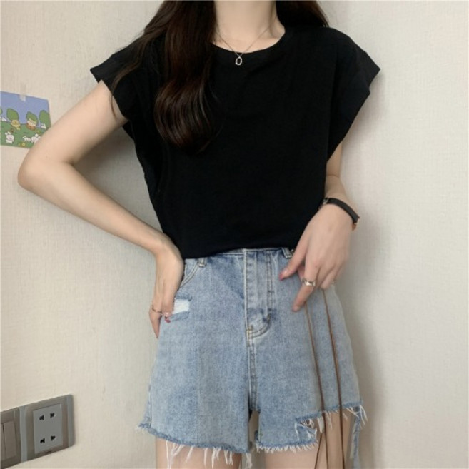 더플로우커머스 여성용 날개소매 루즈핏 베이직 반팔 티셔츠