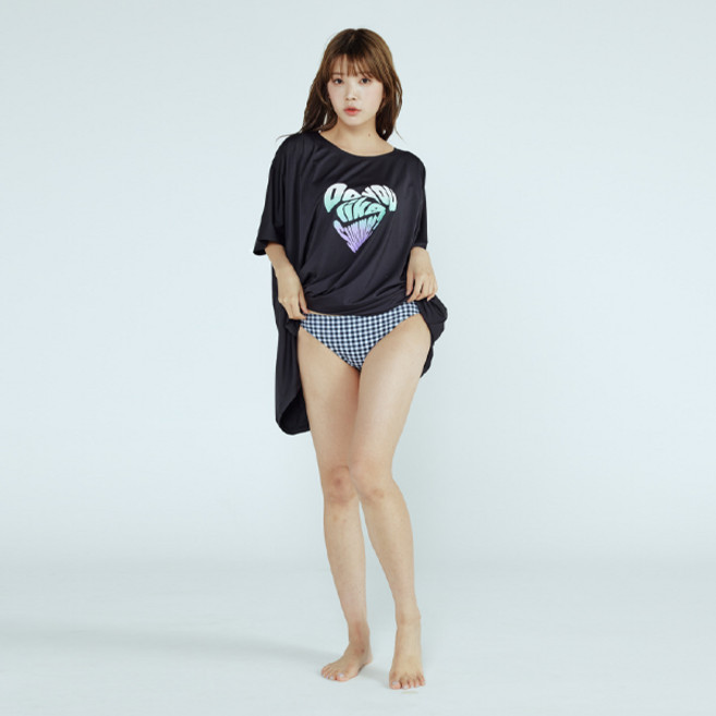 솔레일 여성용 소나 오버핏 래쉬가드 판초 + 체크 베이직 비키니 팬티 세트