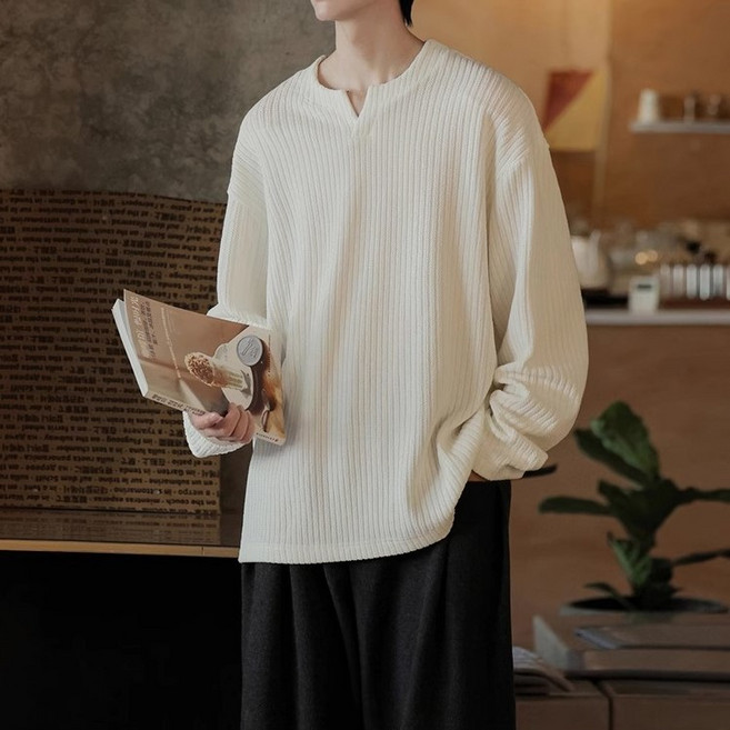 더플로우커머스 남성용 릴렉스 텍스처 브이컷 긴팔 티셔츠