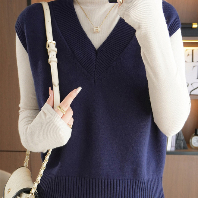 더시럽 여성용 프레피 소프트 V넥 니트 베스트