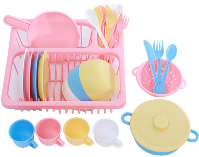 플레이맥스 파스텔 주방식기놀이 29종 세트 A타입 건조대 핑크, 혼합색상, 1세트