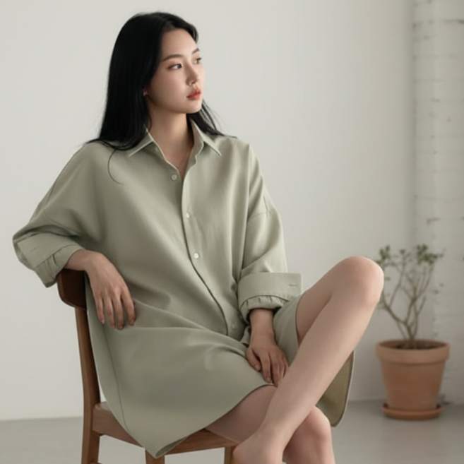 Goodif 女款寬鬆版型排扣日常長版襯衫洋裝, 綠色