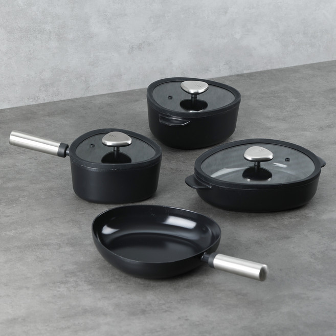 nEOFLam FIKA Fika Apex IH 電磁爐鍋具2件 + 平底鍋2件套組, 黑色, 1套, 18cm單柄鍋 + 20cm雙耳鍋 + 26cm砂鍋 + 24cm平底鍋