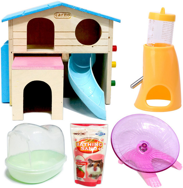햄스터 키우기 기본 5종 세트, 랜덤발송(물병꽂이 은신처, 런닝휠, 목욕모래, 목욕실), 1세트