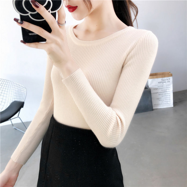 여신 여성용 심플 슬림핏 골지 라운드넥 티셔츠