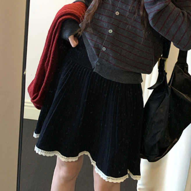 피어니스트 미니레이스 니트 플리츠 스커트