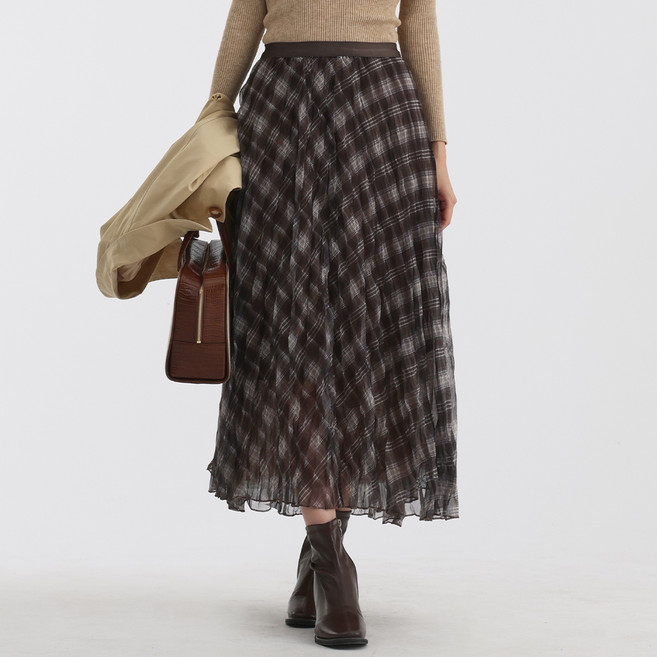 Elsso 雪紡格紋澎澎鬆緊腰長裙