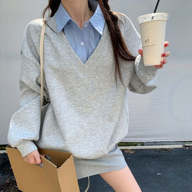 패션플로우 여성용 원스텝 셔츠 레이어드 V넥 데일리 맨투맨