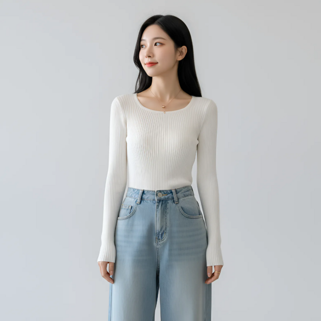 구디프 여성용 골지 니트 긴팔 스퀘어넥 슬림핏 데일리 기본 티셔츠
