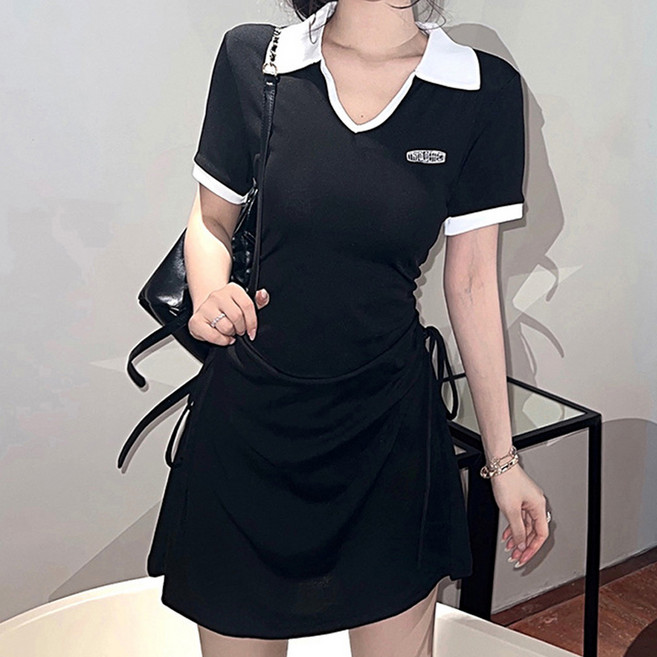 Elsso 女款翻領刺繡logo設計短袖迷你連身裙 含大尺碼, 黑色