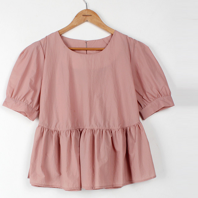 빼빼 여성용 라운드넥 바스락 셔링 반팔 블라우스