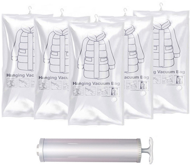시온넷 옷걸이압축팩 롱패딩 이불 의류 진공팩 중형 5p + 펌프 랜덤발송 세트, 6개입, 1세트