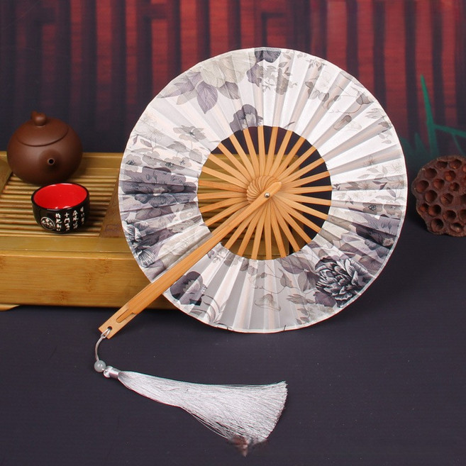 마켓피아 휴대용 접이식 원형 플라워 전통 부채, 14 잉크, 1개