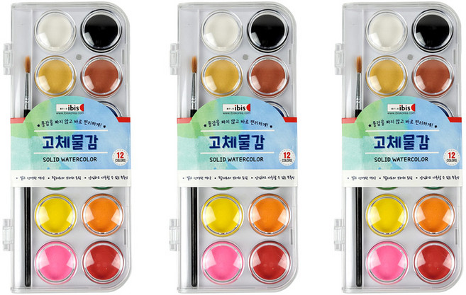 아이비스 고체 수채화물감 3p +팔레트 3p + 붓 3p 세트, 12색