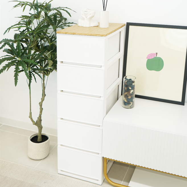엠비코 우든 슬림 우드상판 서랍장, 화이트, 5단