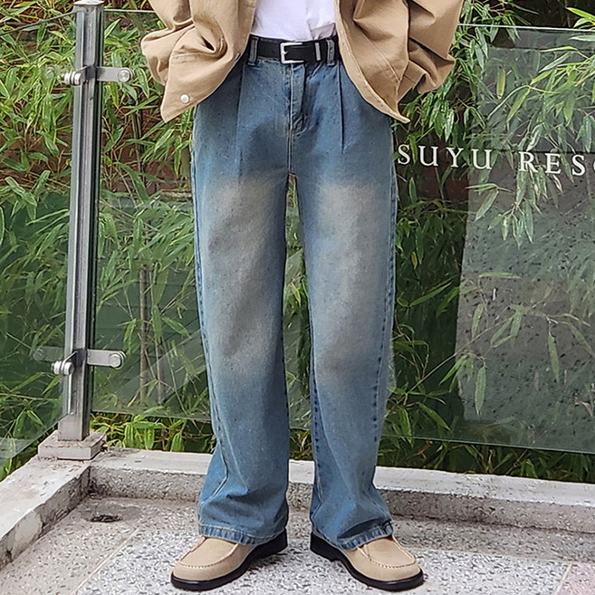 더액션 남성용 원턱 반밴딩 와이드 데님 팬츠 P3100