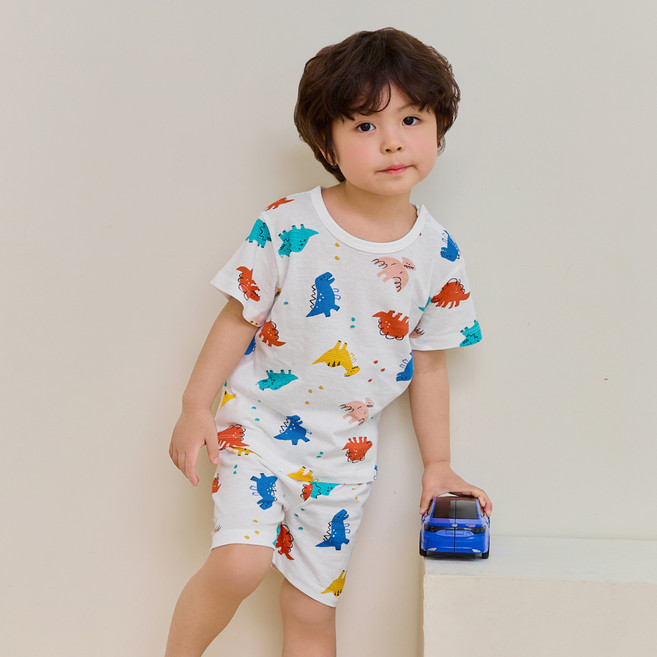 올로미미 아동용 통기성 퍼즐디노 오가닉 자카드 5부 실내복 세트