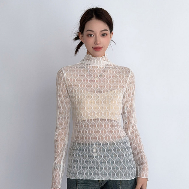 더시럽 여성용 시스루 물결 긴팔 니트 티셔츠