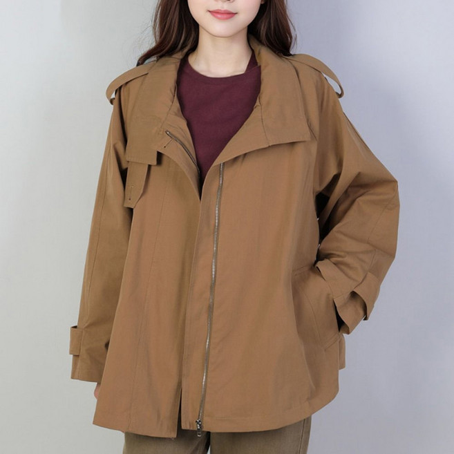 퀸이즈 여성용 하이넥 야상 크롭 트렌치 코트