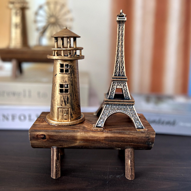 모노로지스 모던한 모래시계 엔틱 우드 장식품 스툴 + 등대 + 철탑 세트, 청동색