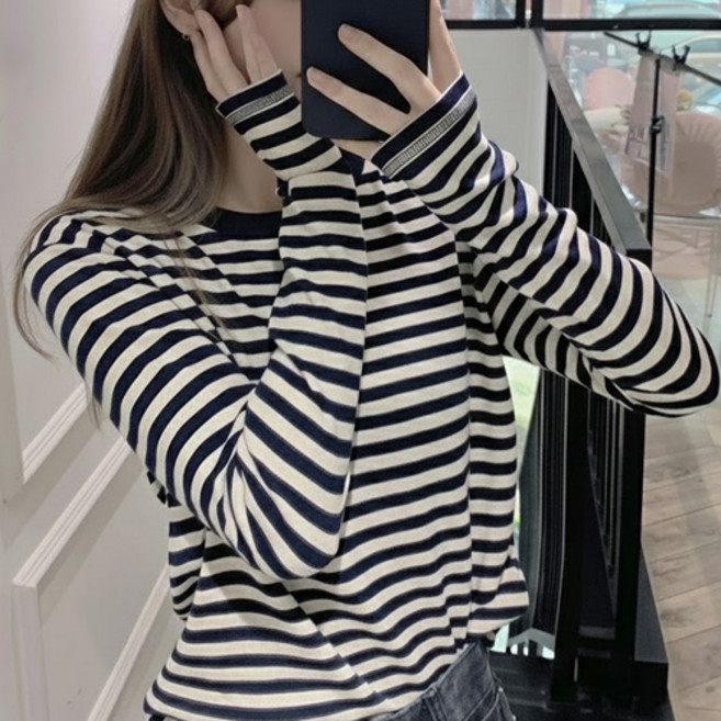 아이캔심플 여성용 스프링 비숑 스타일 스트라이프 데일리 티셔츠