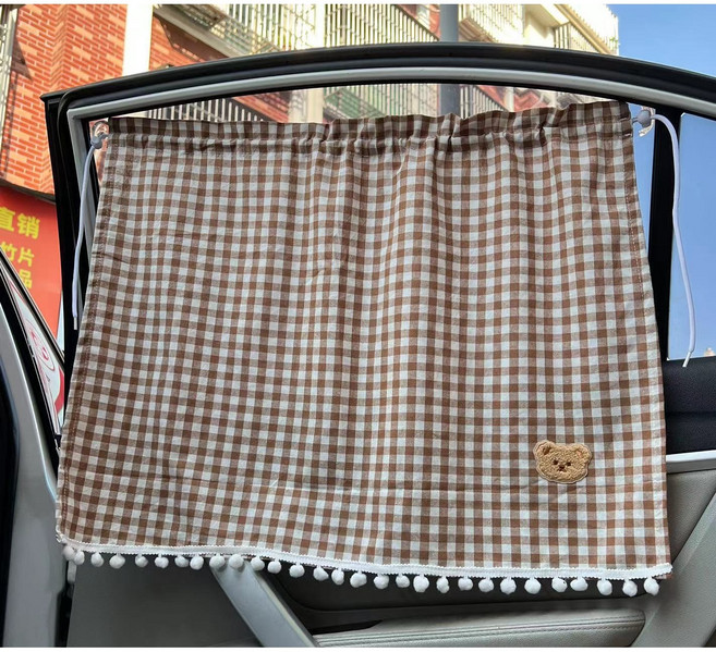 베비율 차량용 곰돌이 자수 햇빛 가리개 커튼, 브라운, 2개