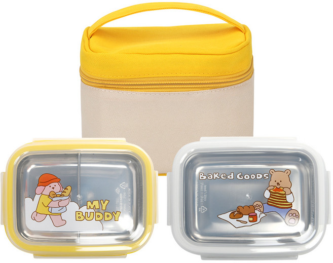 데일리라이크 마이 버디 스텐 2단 직사각 도시락 + 보냉 파우치, 옐로우, 1개