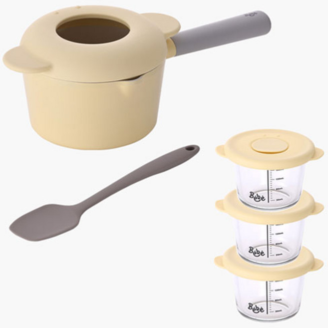 네오플램 유아용 베베 이유식 냄비 + 스패출러 + 이유식 용기 3p 세트, 라이트옐로우, 1세트