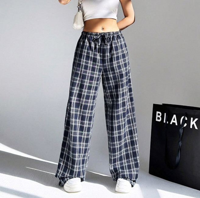파라다이소 여성용 편안한 체크 와이드 데일리 밴딩 팬츠