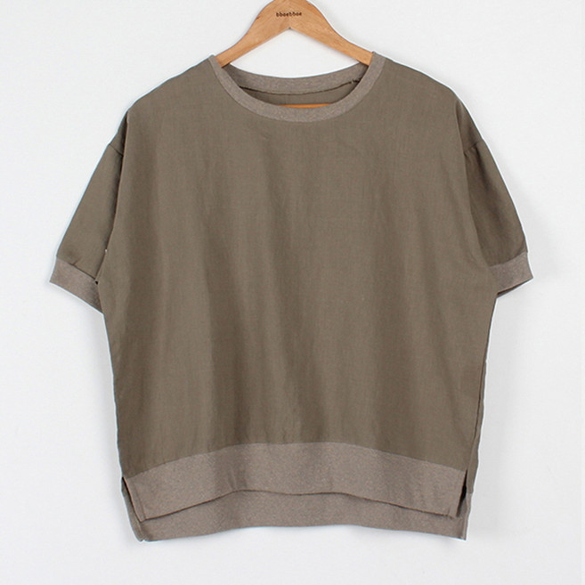 빼빼 여성용 린넨 라운드넥 맨투맨 반팔 티셔츠