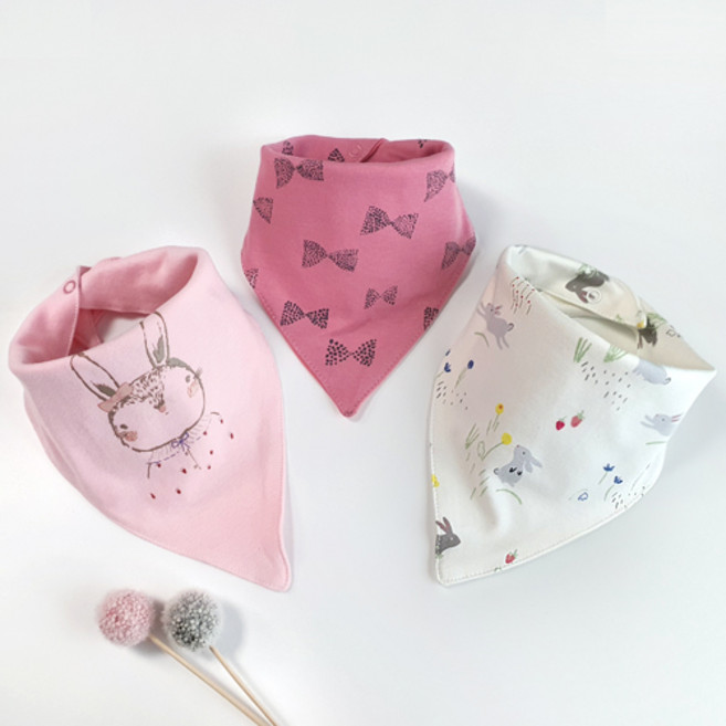 우주아이 유아용 리본토끼 면 삼각 스카프빕 3종 세트