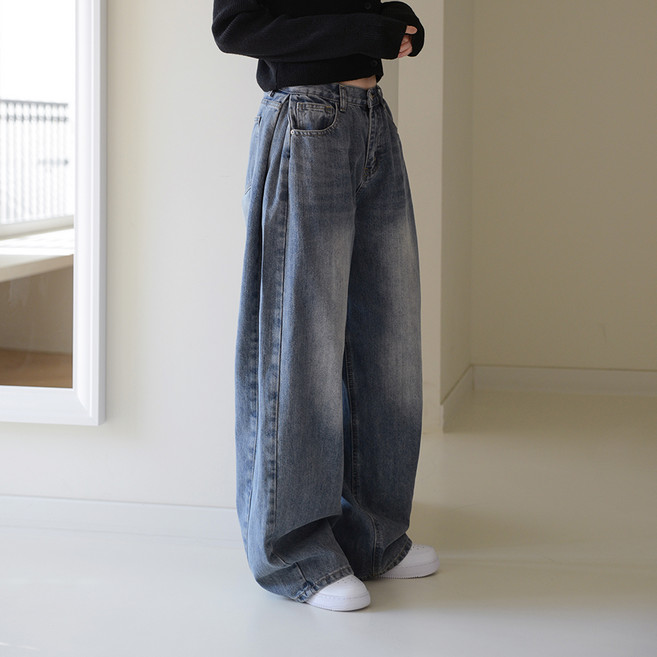 SUBI.JEANS 女款復古側邊摺疊長版寬管牛仔褲 長版 SP7324