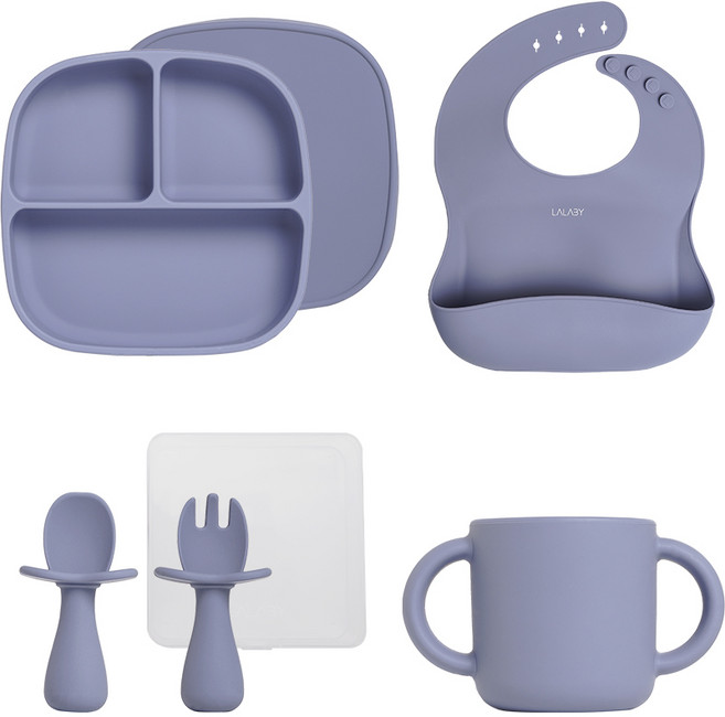 랄라비 아이주도 이유식 4종 세트, Lavender, 흡착식판 + 키즈 스푼포크세트 + 실리콘 컵 + 턱받이, 1세트