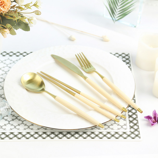 보겐 국산 르비앙 골드 디너 커트러리 4종 세트, 베이지, 디너나이프 + 디너포크 + 숟가락 + 젓가락, 1세트
