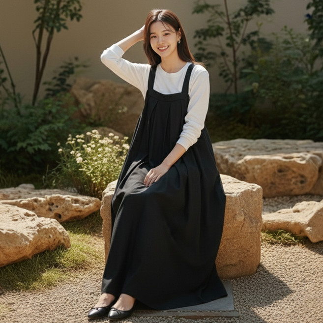 페이퍼먼츠 르멀 루즈핏 와이드 멜빵 롱롱 원피스 14344